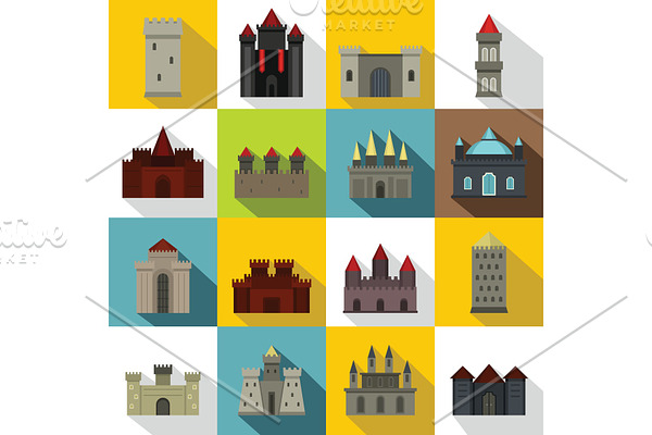 Towers and castles icons set, flat