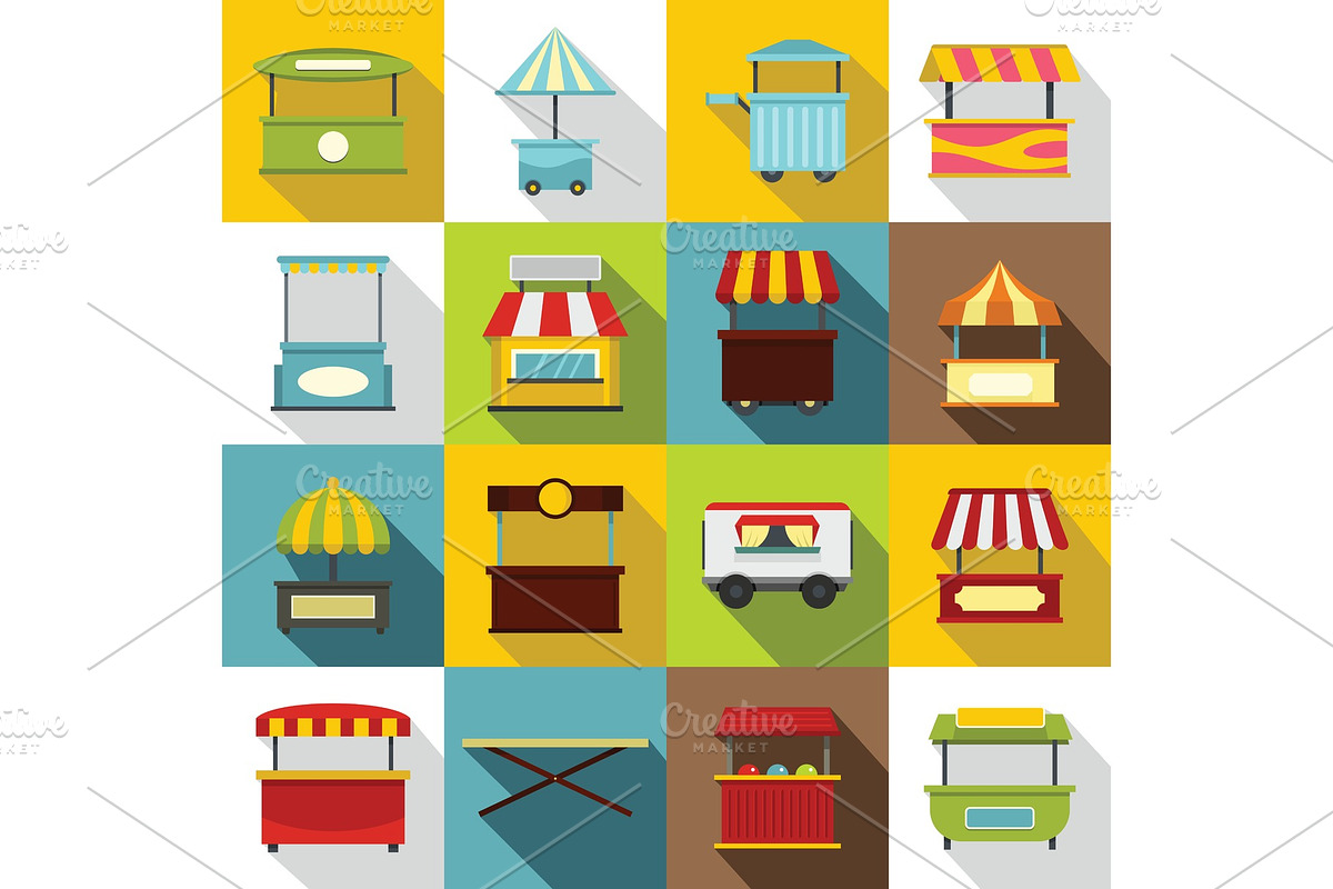 Street food truck icons set, flat in Illustrations - product preview 8
