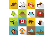Canada travel icons set, flat style