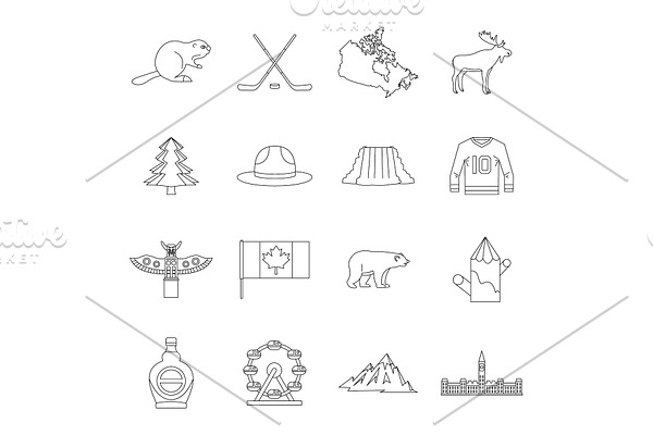 Canada travel icons set, outline