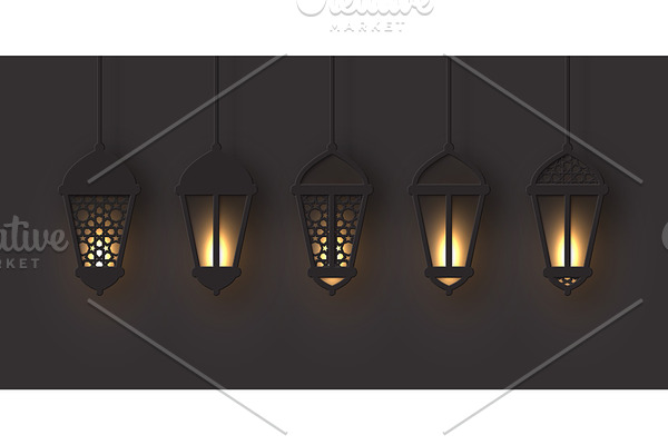 3d arabic lanterns with glowing
