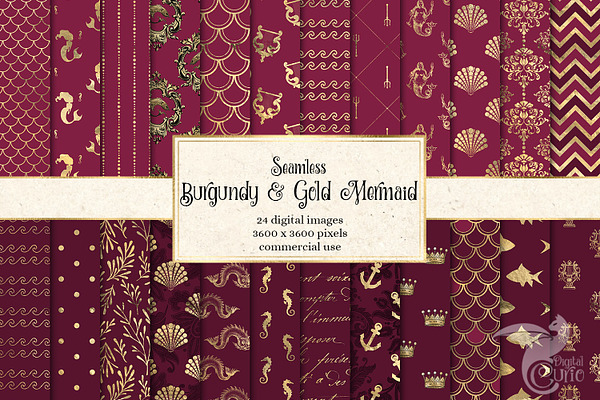 Burgundy and Gold Mermaid Patterns