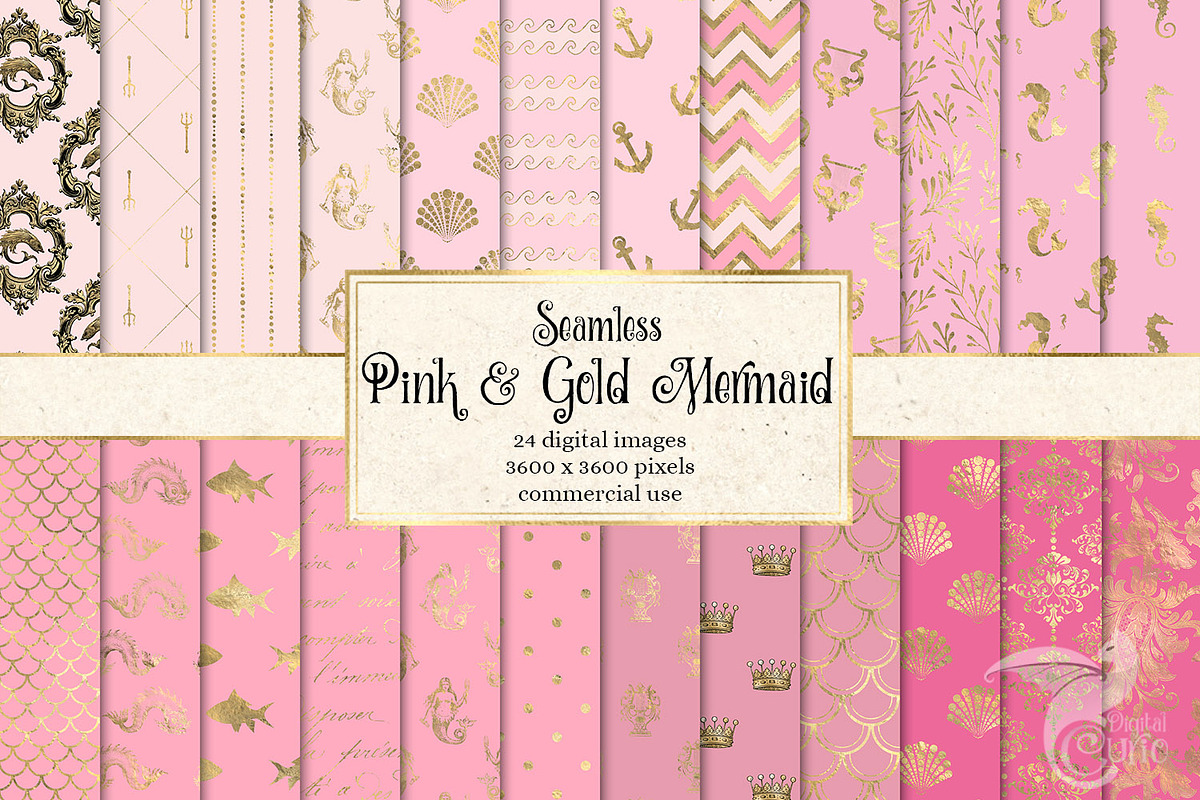 Pink and Gold Mermaid Digital Paper in Patterns - product preview 8