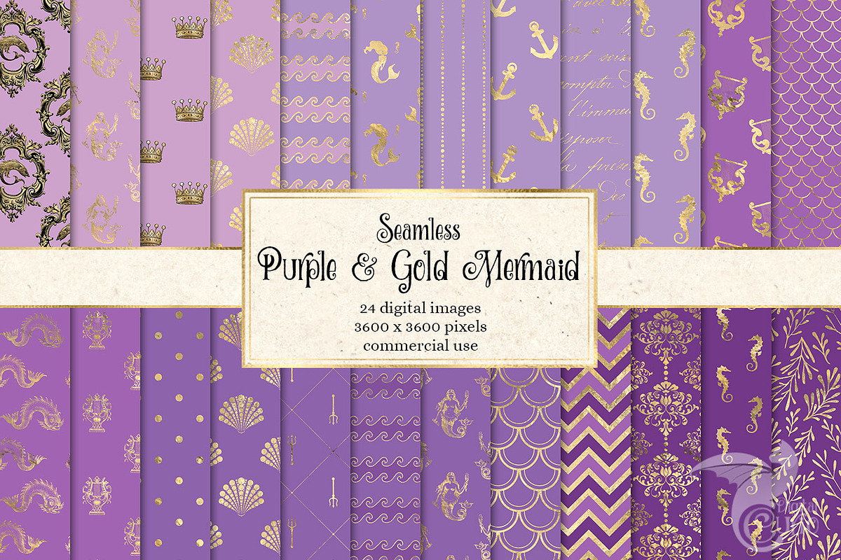 Purple & Gold Mermaid Digital Paper in Patterns - product preview 8