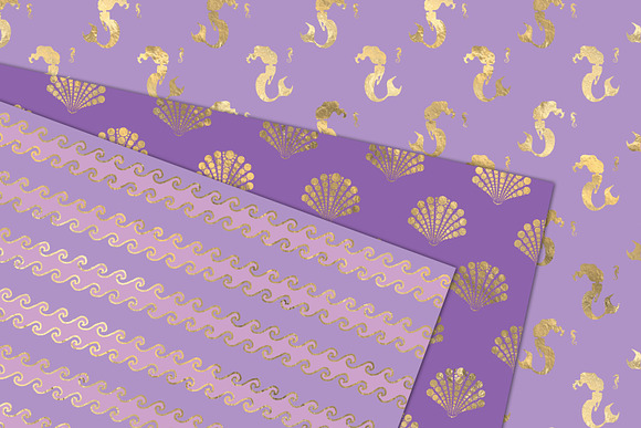 Purple & Gold Mermaid Digital Paper in Patterns - product preview 2