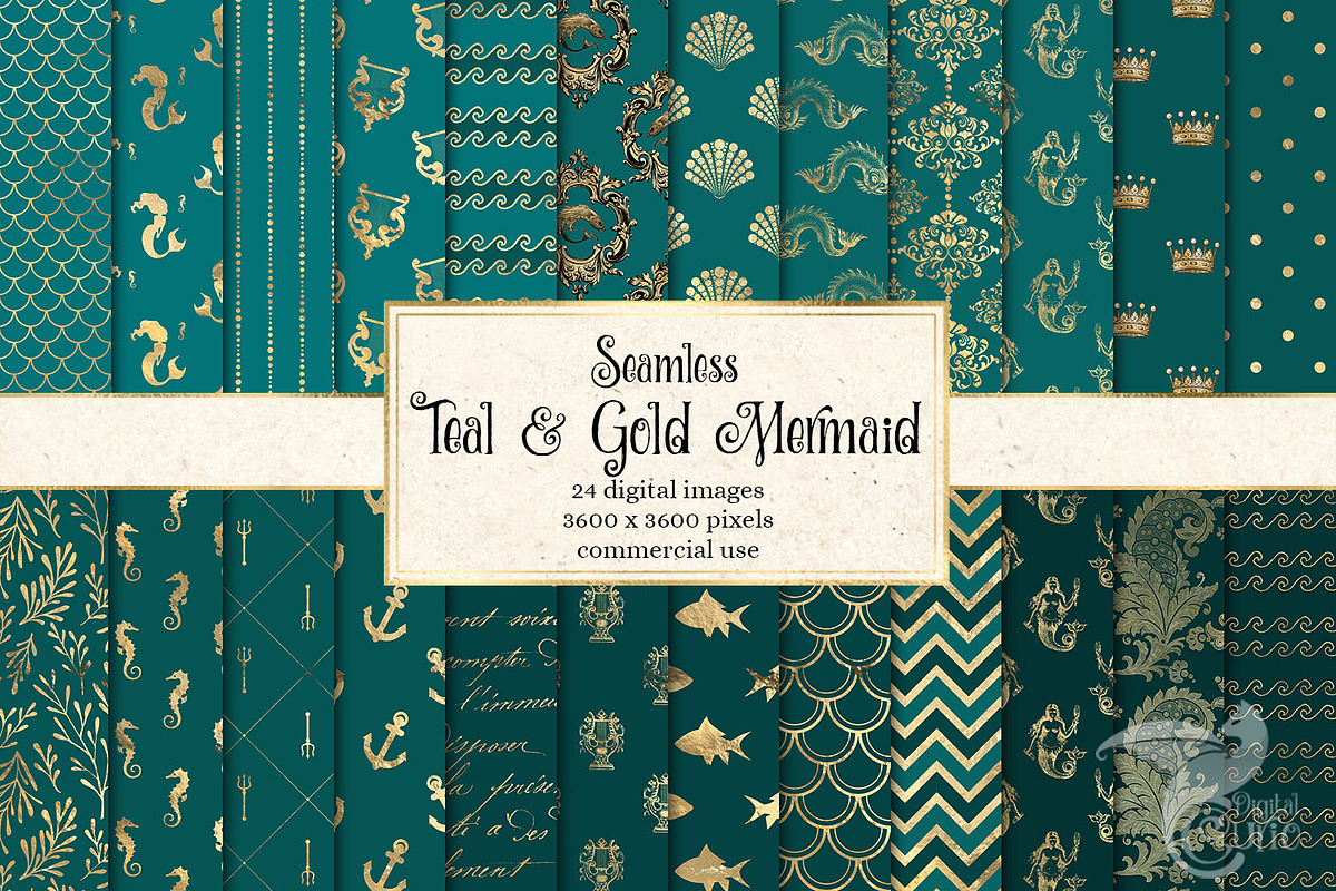 Teal and Gold Mermaid Digital Paper in Patterns - product preview 8