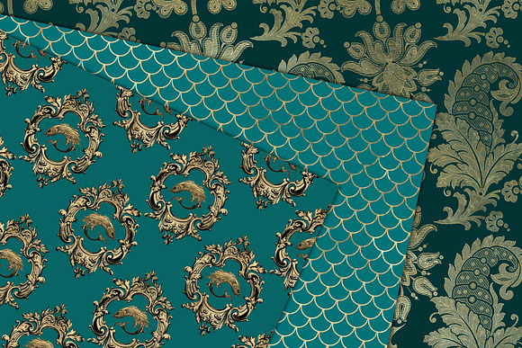 Teal and Gold Mermaid Digital Paper in Patterns - product preview 1