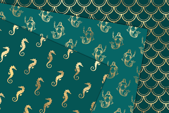 Teal and Gold Mermaid Digital Paper in Patterns - product preview 3