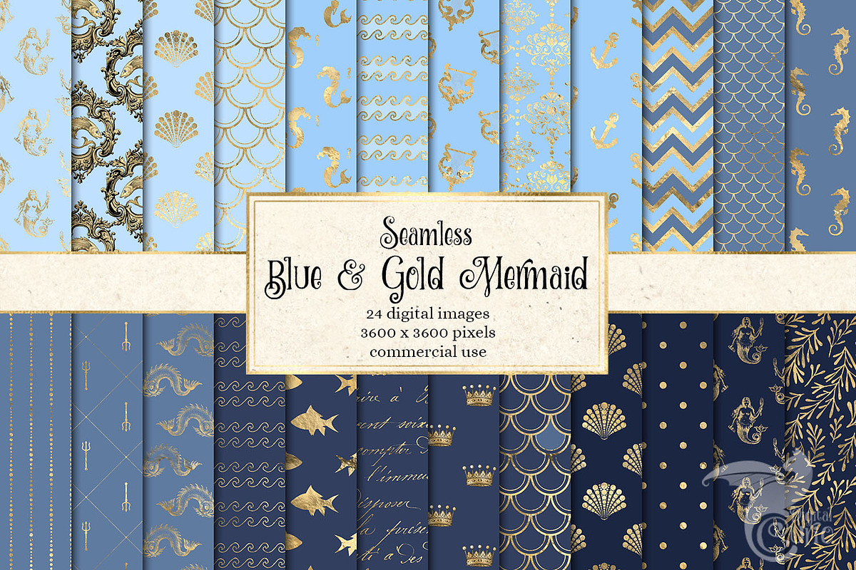 Blue and Gold Mermaid Digital Paper in Patterns - product preview 8
