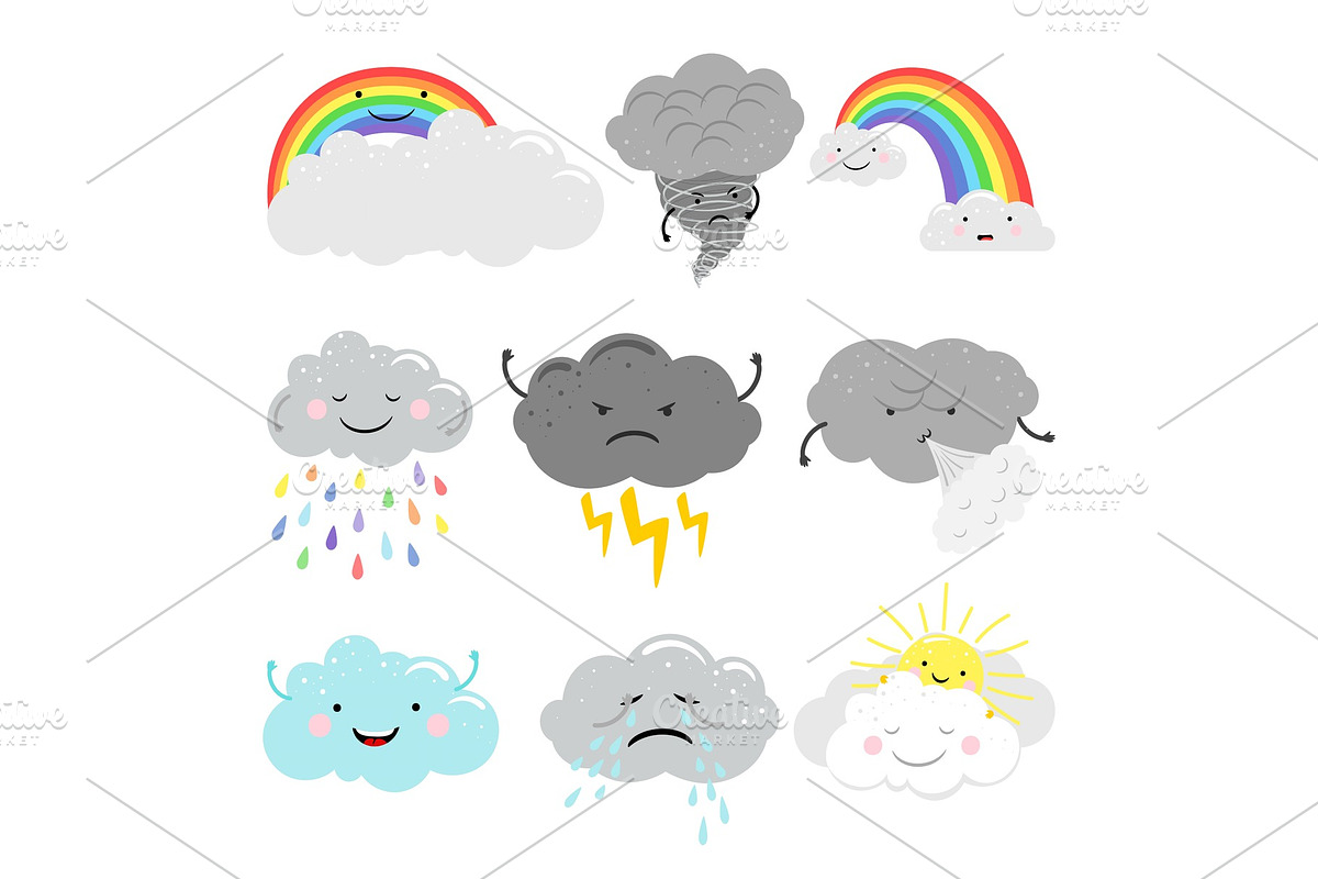 Cute emotional clouds weather icons in Illustrations - product preview 8