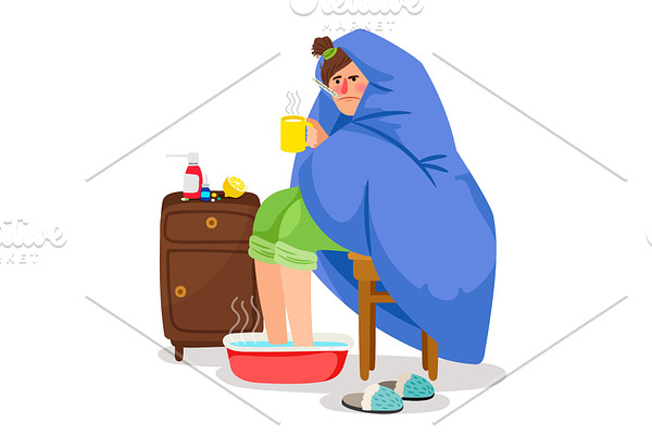 Sick woman in blanket