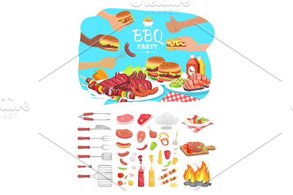 BBQ Party Poster with Icons Vector