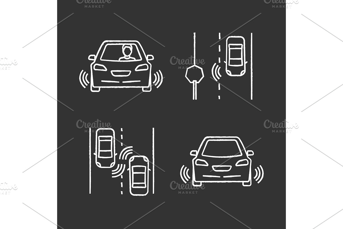 Autonomous car chalk icons set in Icons - product preview 8