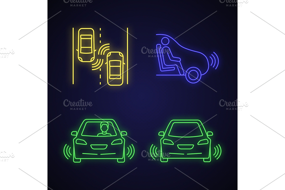 Autonomous car neon light icons set in Icons - product preview 8