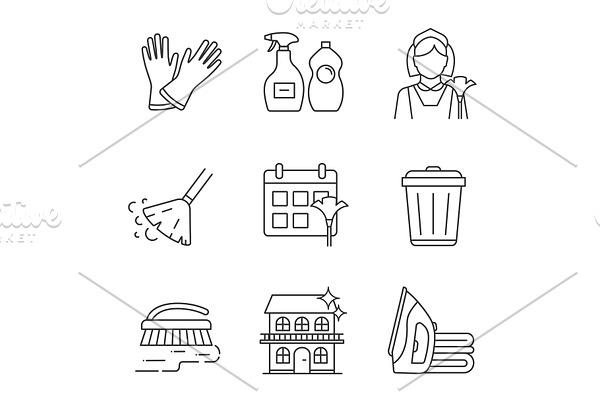 Cleaning service linear icons set