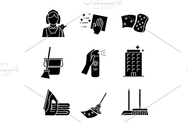 Cleaning service glyph icons set