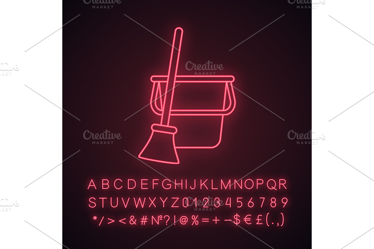 Bucket and broom neon light icon in Icons - product preview 8