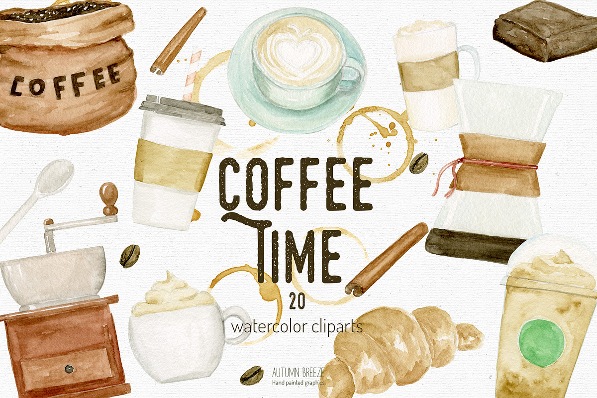 Watercolor coffee clipart in Illustrations - product preview 8