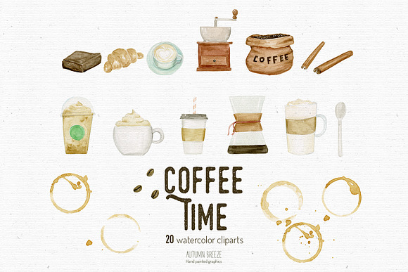 Watercolor coffee clipart in Illustrations - product preview 1