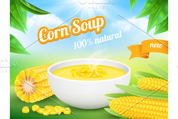 Corn soup. Advertizing poster snack
