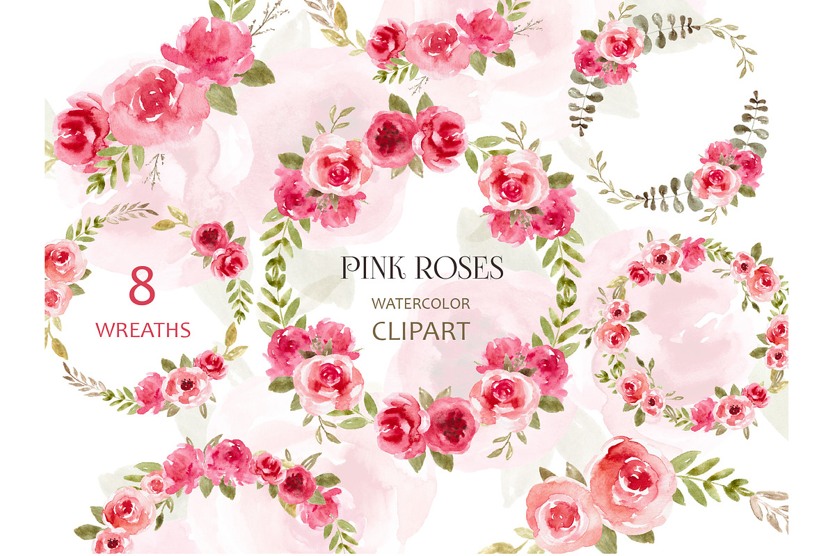 Watercolor Wreath Clipart Pink Roses in Illustrations - product preview 8