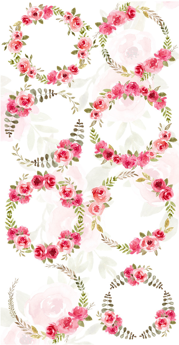 Watercolor Wreath Clipart Pink Roses in Illustrations - product preview 1