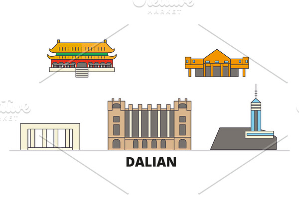 China, Dalian flat landmarks vector
