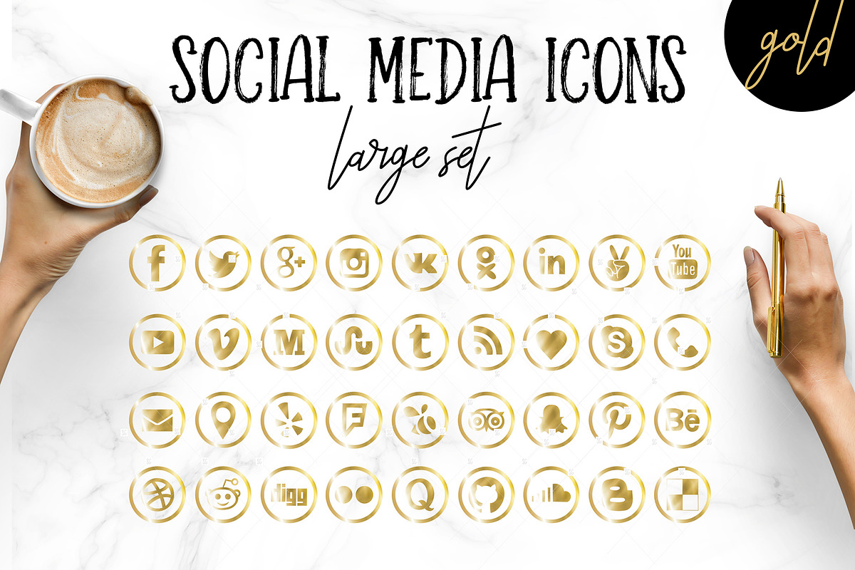 Social Media Icons Set in Gold in Icons - product preview 8