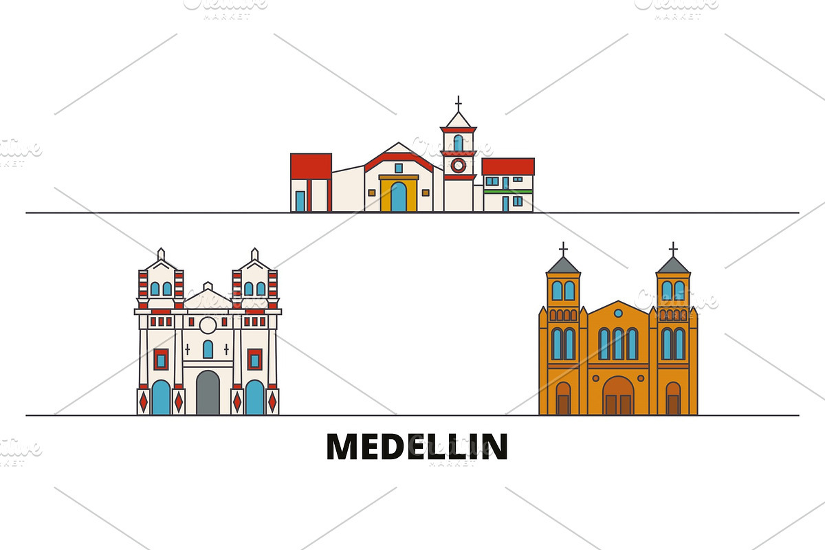 Colombia, Medellin flat landmarks in Illustrations - product preview 8