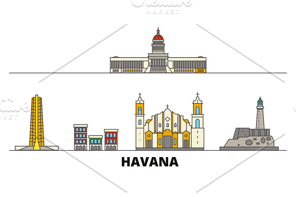 Cuba, Havana flat landmarks vector