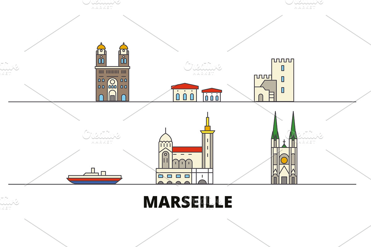 France, Marseille flat landmarks in Illustrations - product preview 8