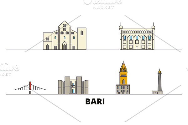 Italy, Bari flat landmarks vector