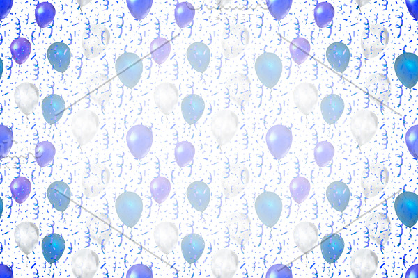 Blue confetti and balloons on white