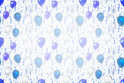 Blue confetti and balloons on white