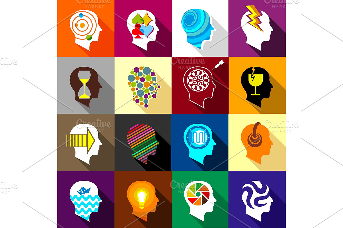 Human head logos icons set, flat in Illustrations - product preview 8