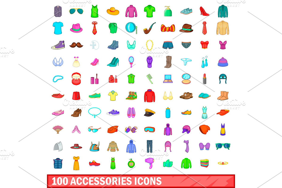100 accessories icons set, cartoon in Illustrations - product preview 8