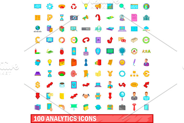 100 analytics icons set, cartoon