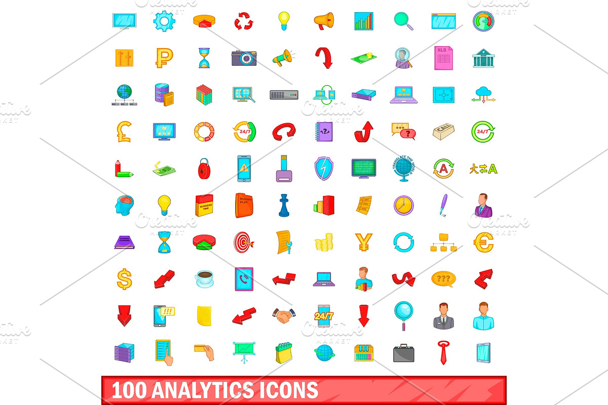 100 analytics icons set, cartoon in Illustrations - product preview 8