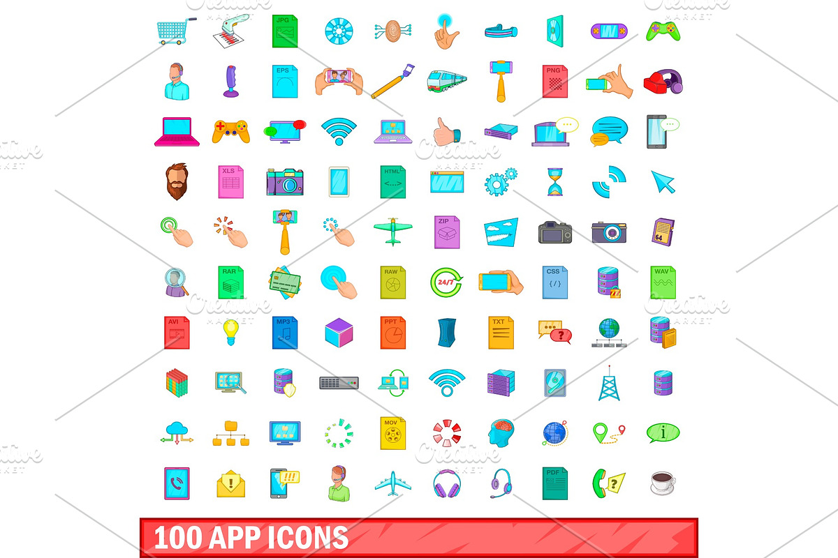 100 app icons set, cartoon style in Illustrations - product preview 8