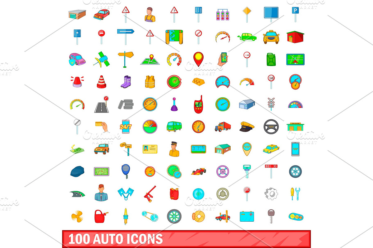 100 auto icons set, cartoon style in Illustrations - product preview 8
