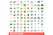 100 auto icons set, cartoon style