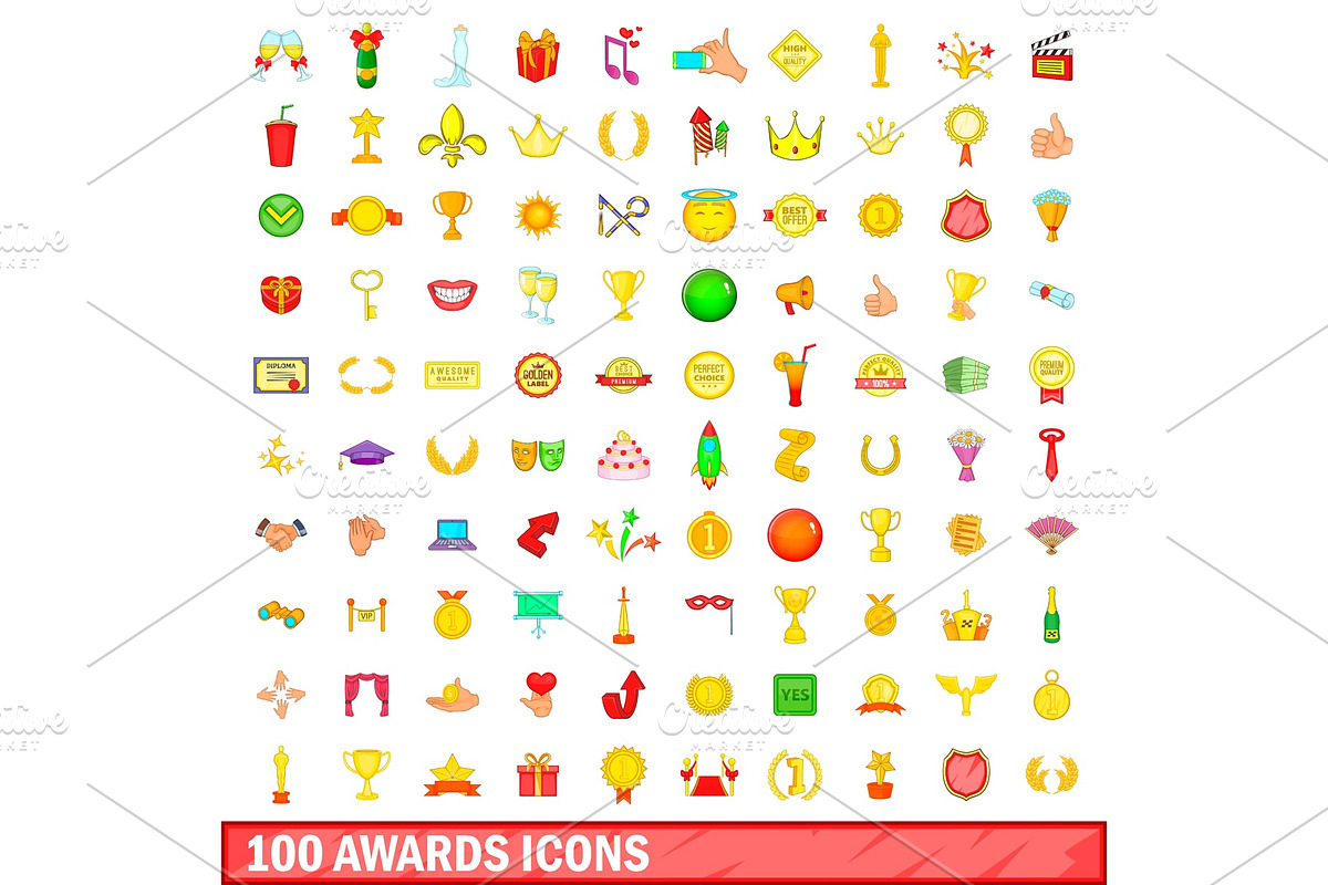 100 awards icons set, cartoon style in Illustrations - product preview 8