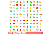 100 beverage icons set, cartoon