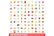 100 birthday icons set, cartoon