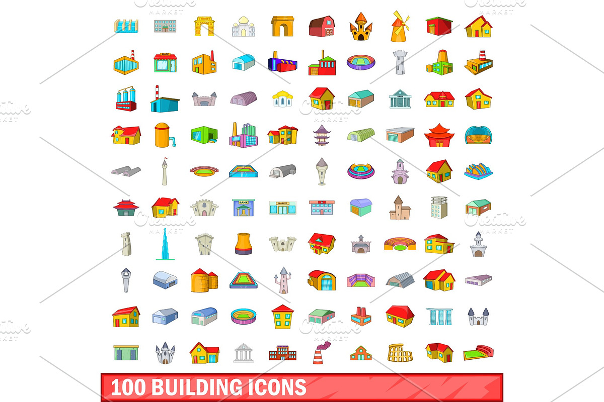 100 building icons set, cartoon in Illustrations - product preview 8