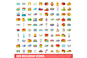 100 building icons set, cartoon