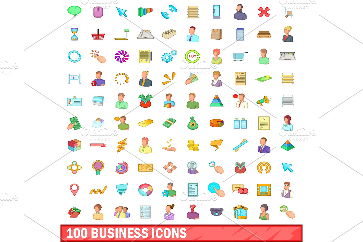 100 business icons set, cartoon in Illustrations - product preview 8