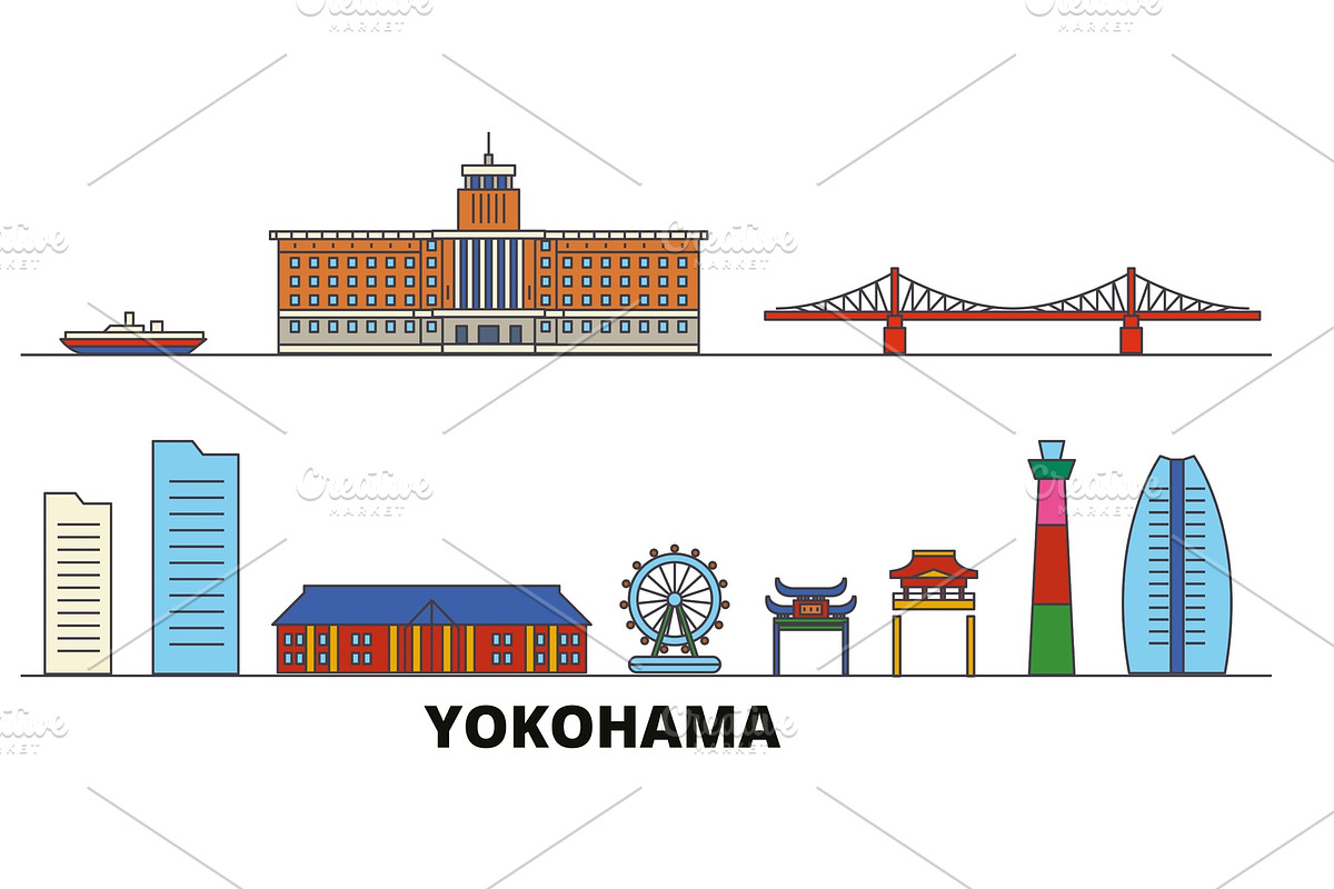Japan, Yokohama flat landmarks in Illustrations - product preview 8
