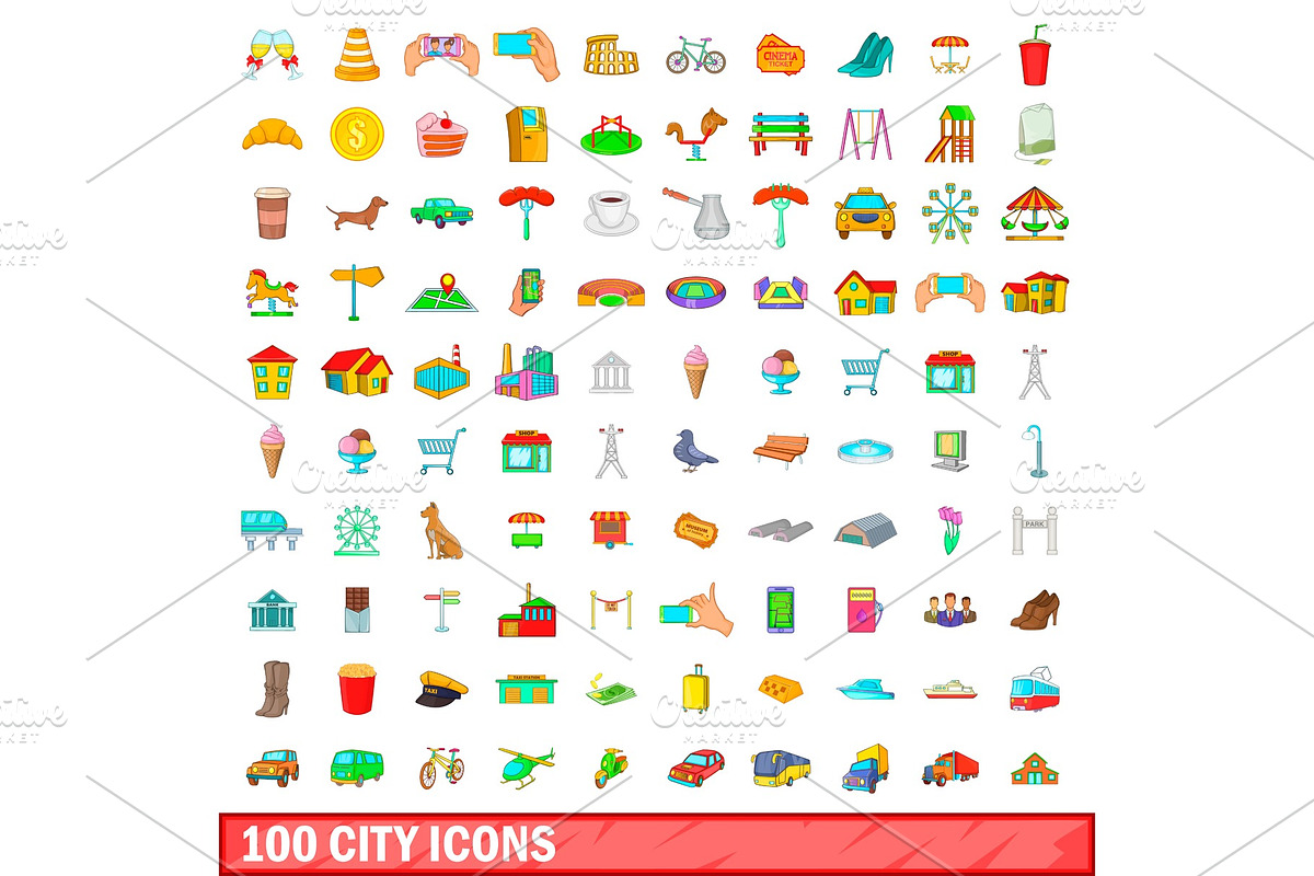 100 city icons set, cartoon style in Illustrations - product preview 8