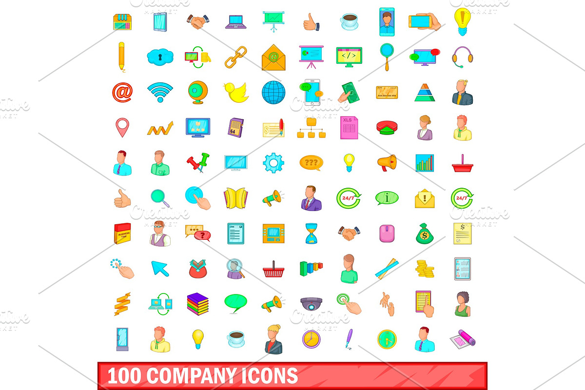 100 company icons set, cartoon style in Illustrations - product preview 8